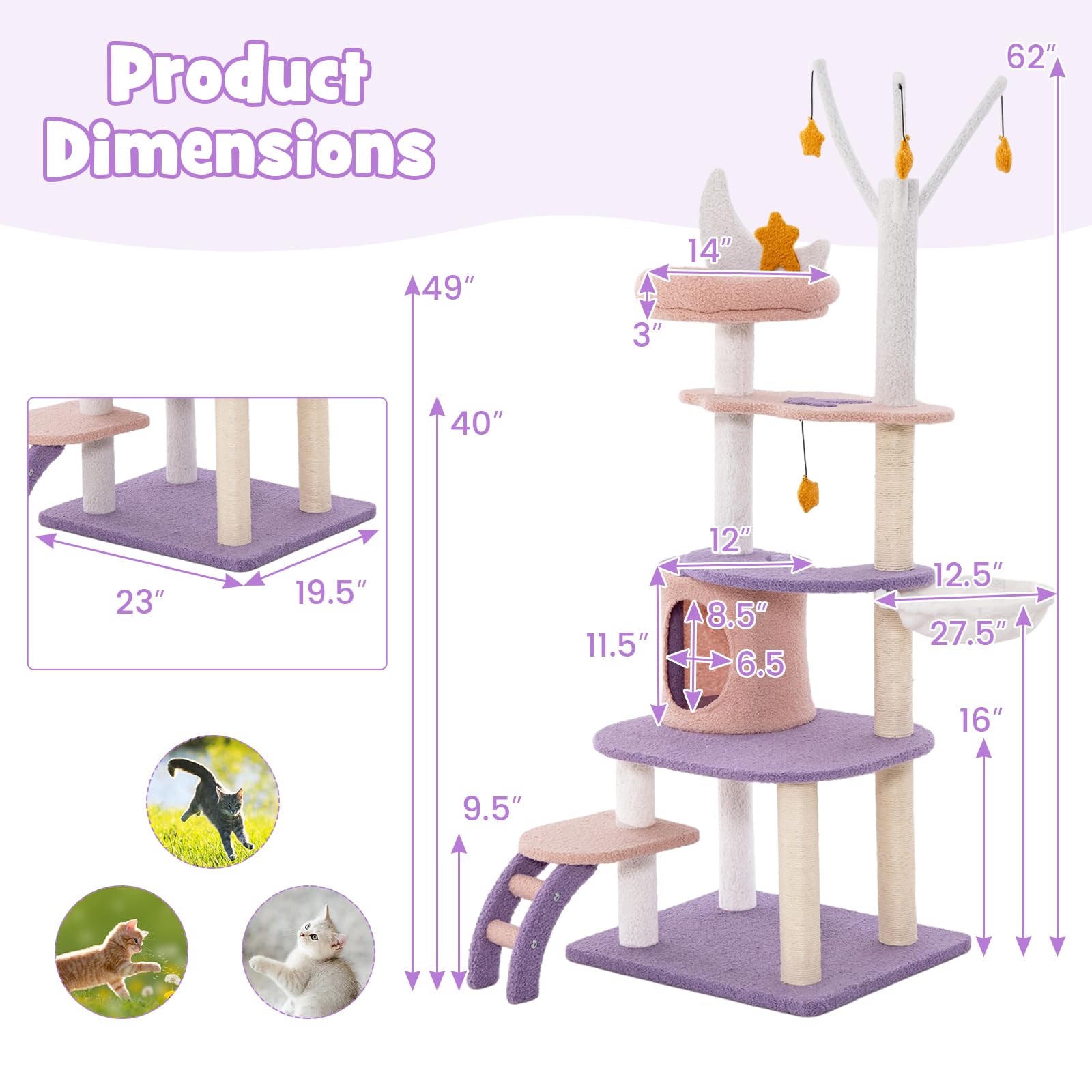 PETSITE Star and Moon-Themed Cat Tree Tower, Multi-Level Modern Cat Tower with Sisal Scratching Posts, Cat Condo, Side Hammock, Hanging Dangling Toys, Cute Cat Tree for Indoor Cats (62 Inch Tall)