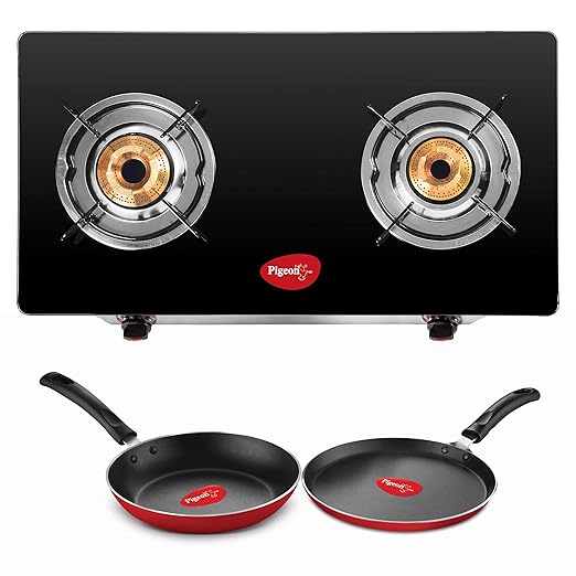 Pigeon by Stovekraft 2 Burner Glass Cook Top Gas Stove (Manual Ignition), Tawa with Stainless Steel Body and Nonstick Fry Pan Cookware Combo (Black, 240mm, 250mm, 14722) at Rs. 2199