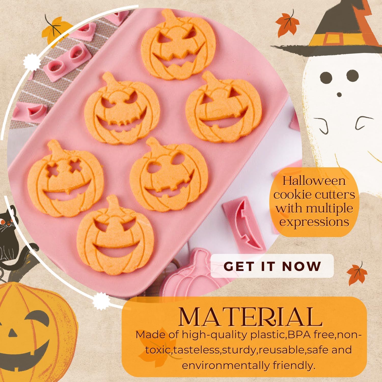 TSUWNO Halloween Ausstechformen Set 14-teilig, Aus 3D Drückbarem Kunststoff: Kürbiskopf, Halloween-Keksausstecher, Geprägt, Fondant Ausstechformen Für