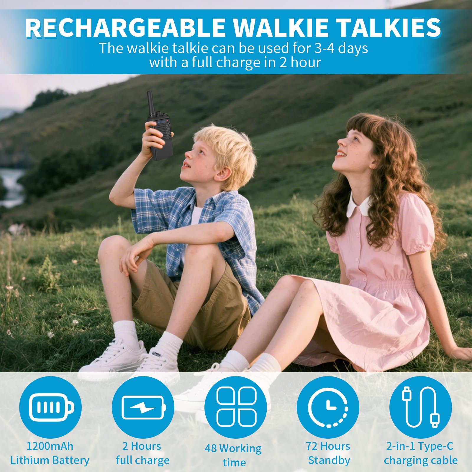 2 walkie talkies para niños recargables de 1.9 mi de mano Walkie Talkies de largo alcance 16 canales de 2 vías de radio de 2 vías, regalos para niñas de 3 a 18 años de edad, para exteriores 2