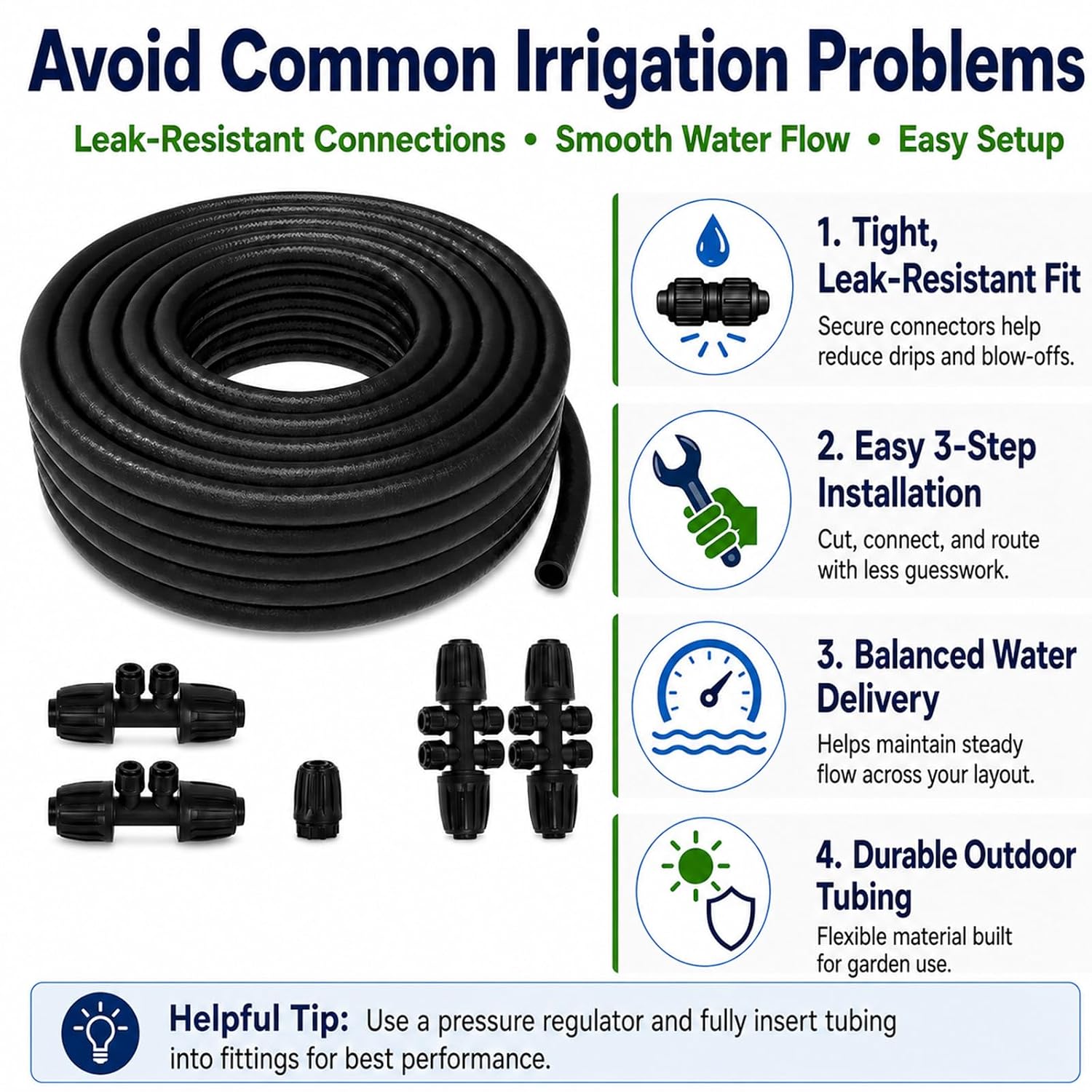 50 FT 1/2 Inch Drip Irrigation Tubing Kit:Premium Garden and Landscape Watering System-Drip Irrigation Hose with 2 Quick Connector 4-Way Connector,2 Quick Connector 6-Way Connector and Tube Cap