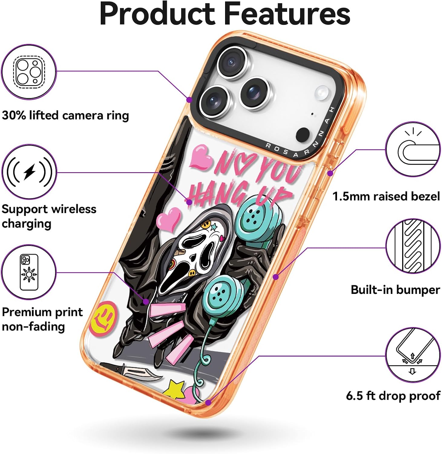 Rosarnnah for iPhone 17 Pro Max Case Cute - Military-Grade 6.6 ft Drop Protection Shockproof Phone Case - Skeleton Design (6.9') Cosmic Orange