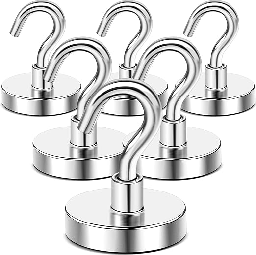 DIYMAG 6 Packs Magnetic Hooks,150 lb Heavy Duty Neodymium Magnets with Hooks for Refrigerator, Strong Cruise Ship Essentials Hooks for Hanging, Magnetic Hanger for Grill
