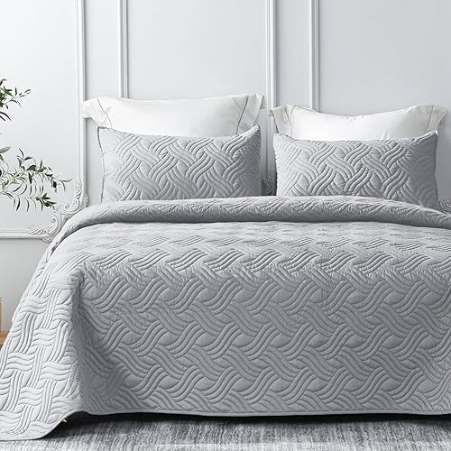 Whale Flotilla Juego de edredón de tamaño individual, microfibra suave y ligera (patrón de ondas) para todas las estaciones, gris claro, 2 piezas