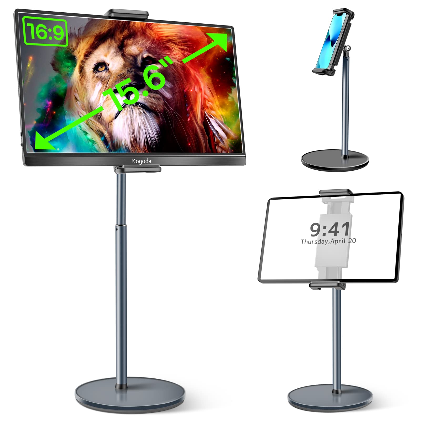 Tablet Stand Holder,Portable Monitor Stand for 15.6’’ Max,Adjustable Height and Heavy Base,Compatible with 4.7''-15.6'' Tablets,Smartphones,Display,Black