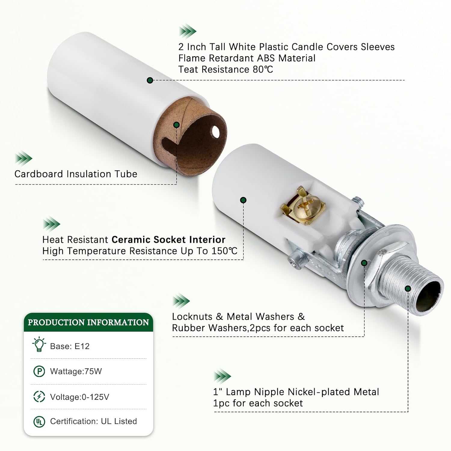 E12 Ceramic Candelabra Socket,E12 Light Bulb Socket with Pipe Fixing Bracket,Candelabra Base Bulb Lamp Holder with White Candle Cover Sleeves
