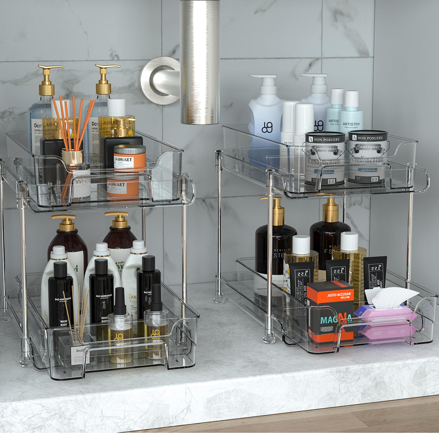 RIGEDNEF 2 Tier Clear Bathroom Organizer with Dividers, Under Sink Organizer and Storage, Slide-Out Medicine Cabinet organizer, Kitchen Pantry Storage, Bathroom Vanity Counter Organizer, 2 Pack