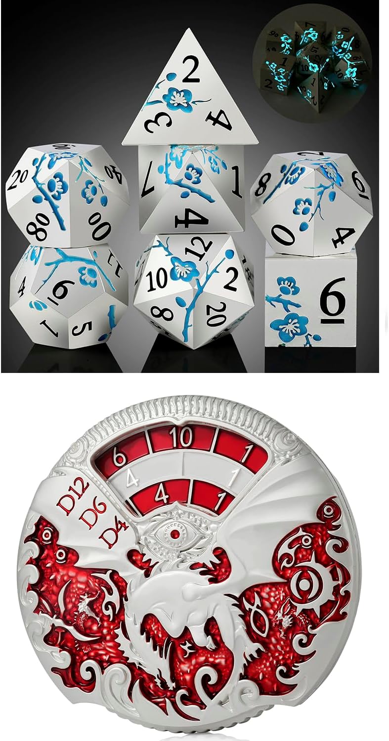 DNDND Glow in The Dark Flower Metal Dice with Gorgeous Gift Case and DNDND Dragon Roulette Spinner Metal Dice Set with Luxurious Box
