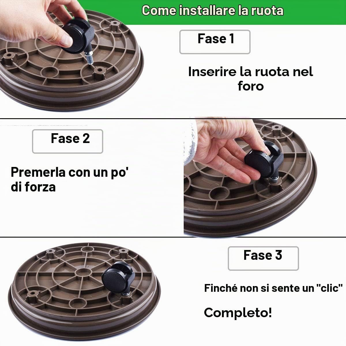 3 Pezzi 33 cm Carrello portapallet in plastica Supporto per Piante Rotondo portavasi, rotelle per Pallet ad Alte Prestazioni con Ruote (Marrone)