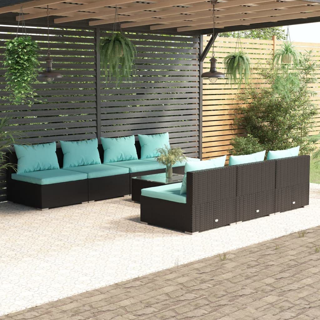 vidaXL Patio Lounge Set 8 Piece with Cushions – Black Poly Rattan Outdoor Seating, Aqua Cushions – Modular Arrangement for Garden or Patio