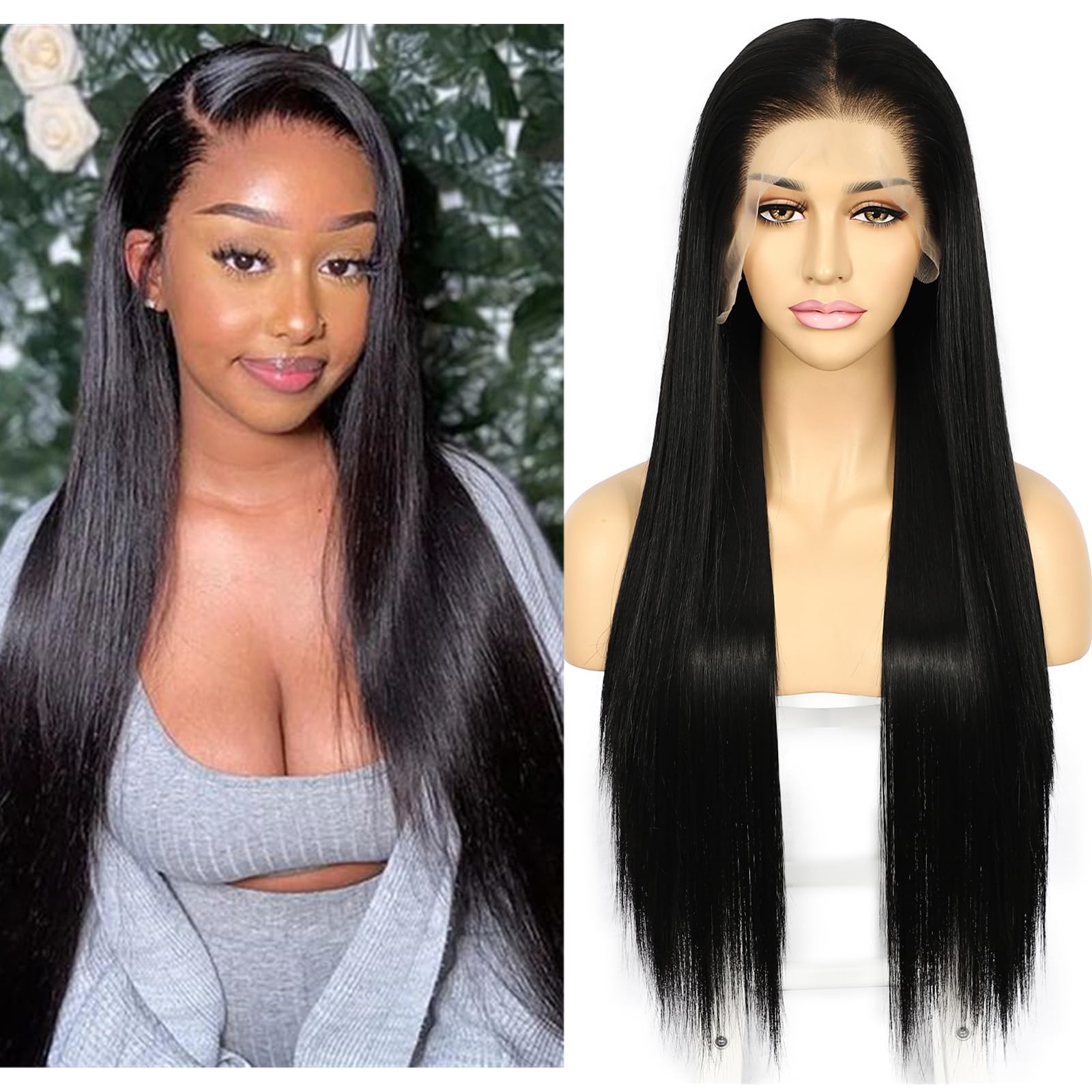 Black Straight Lace Front Wigs 13x6 Long Straight Wig for Women Lace Front Synthetic Hair 150% Density Party Daily Wear Heat Resistant 26inch