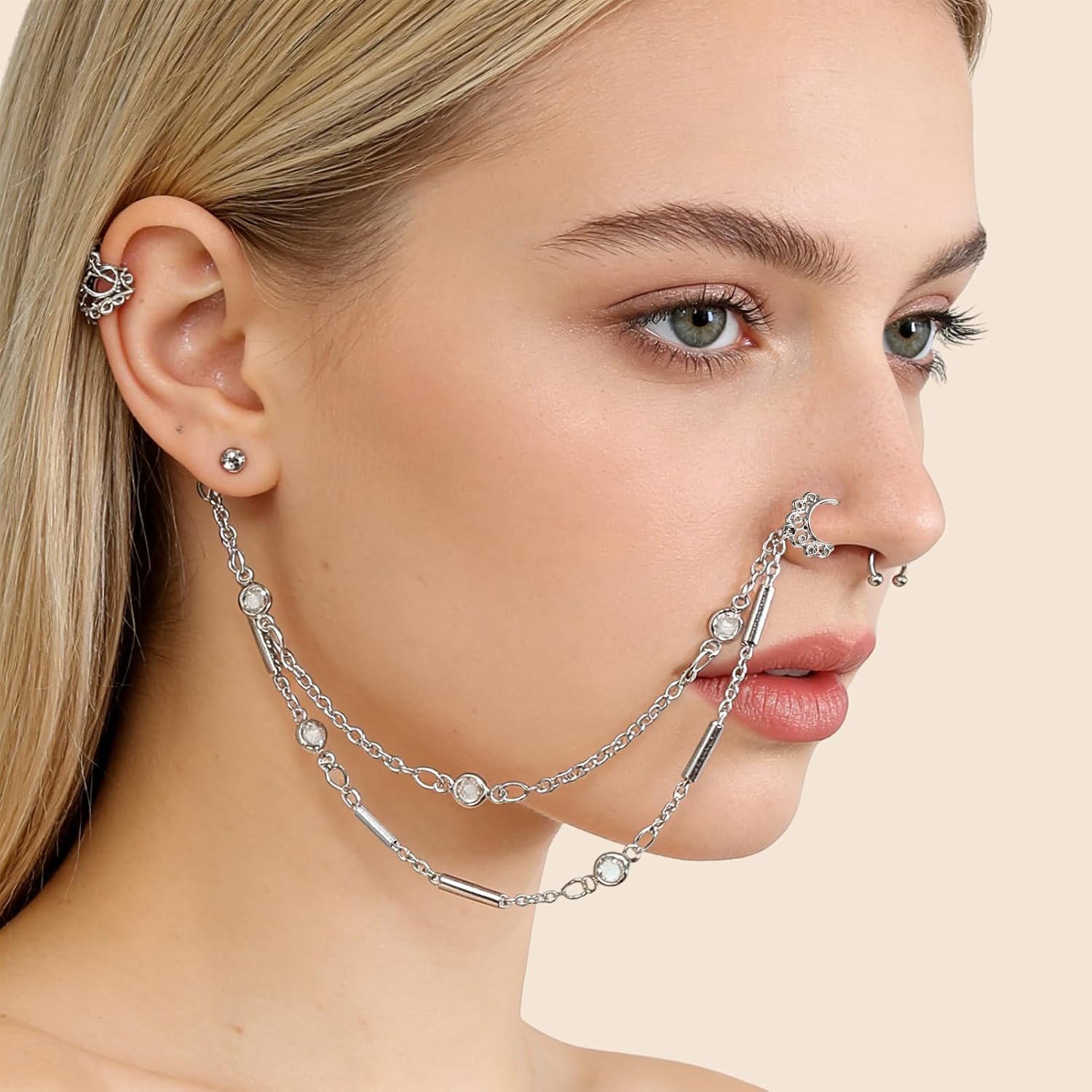 NICENEEDED 3PCS Nose Hoop Chain Rings, Non Piercing Nose to Ear Chain | Jewelry Dangle Double-layer Septum Non Piercing Indian Noses Rings, Dangle Chains Earrings for Women Belly Dance Party