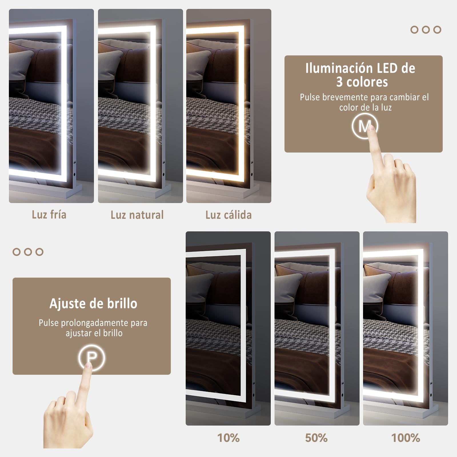 YU YUSING Espejo Maquillaje con Luz, 70x55cm, 3 Modos Iluminación Regulables, Espejo Tocador Grande, Espejos de Mesa, Cargador USB, 10x, Vanity Mirror Tocador Dormitorio, Controles Táctiles, Blanco