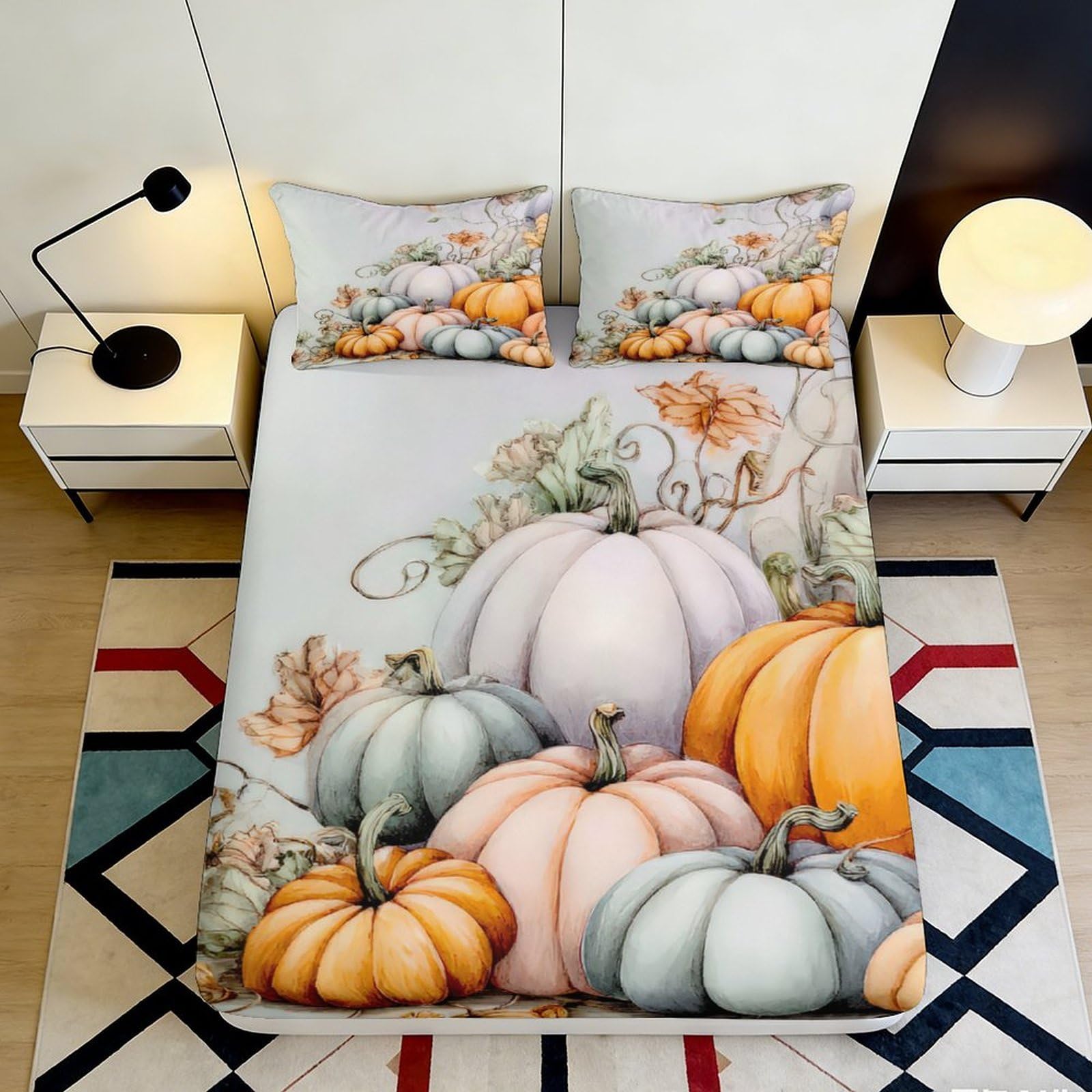 3D Printed Pumpkin Harvest Fitted Sheet Microfiber Autumn Pastel Mattress Cover for Bedroom Guest Room Decor 90x200x25cm