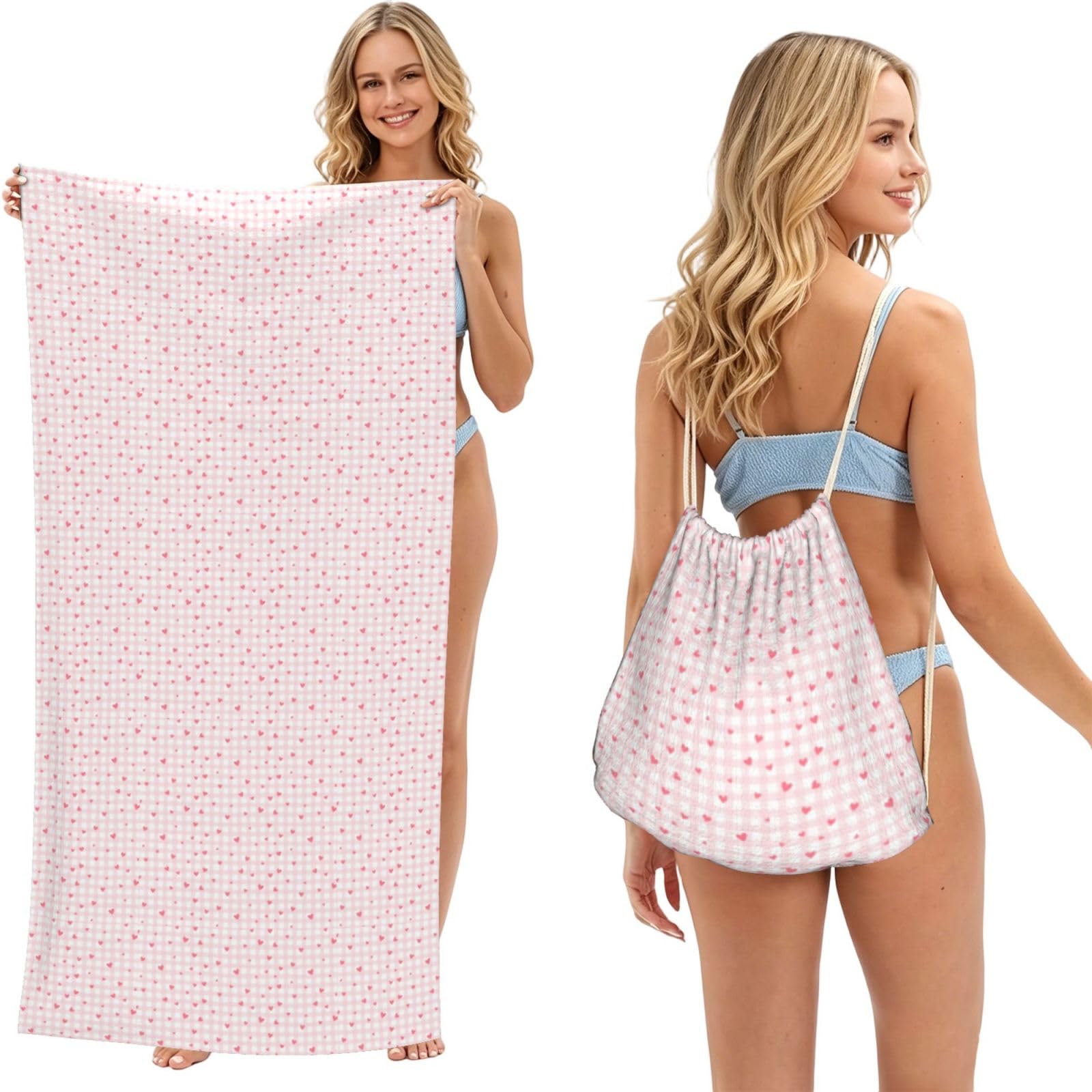 Poadnly As Picture Pink Plaid Hearts, 2 In 1 Packable Towel Bag, Beach Towels With Drawstring Backpack For Travel Holiday Camping