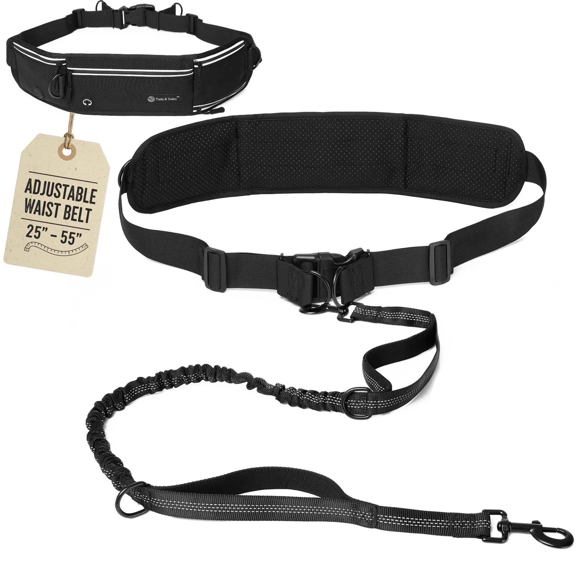 Hands Free Dog Leash with Waist Pouch, Lumbar Support Upgraded, Bungee Reflective Leash, Adjustable Belt 25-55", Walking Running Hiking Training for Dogs Up to 125lbs (Black, One Dog)