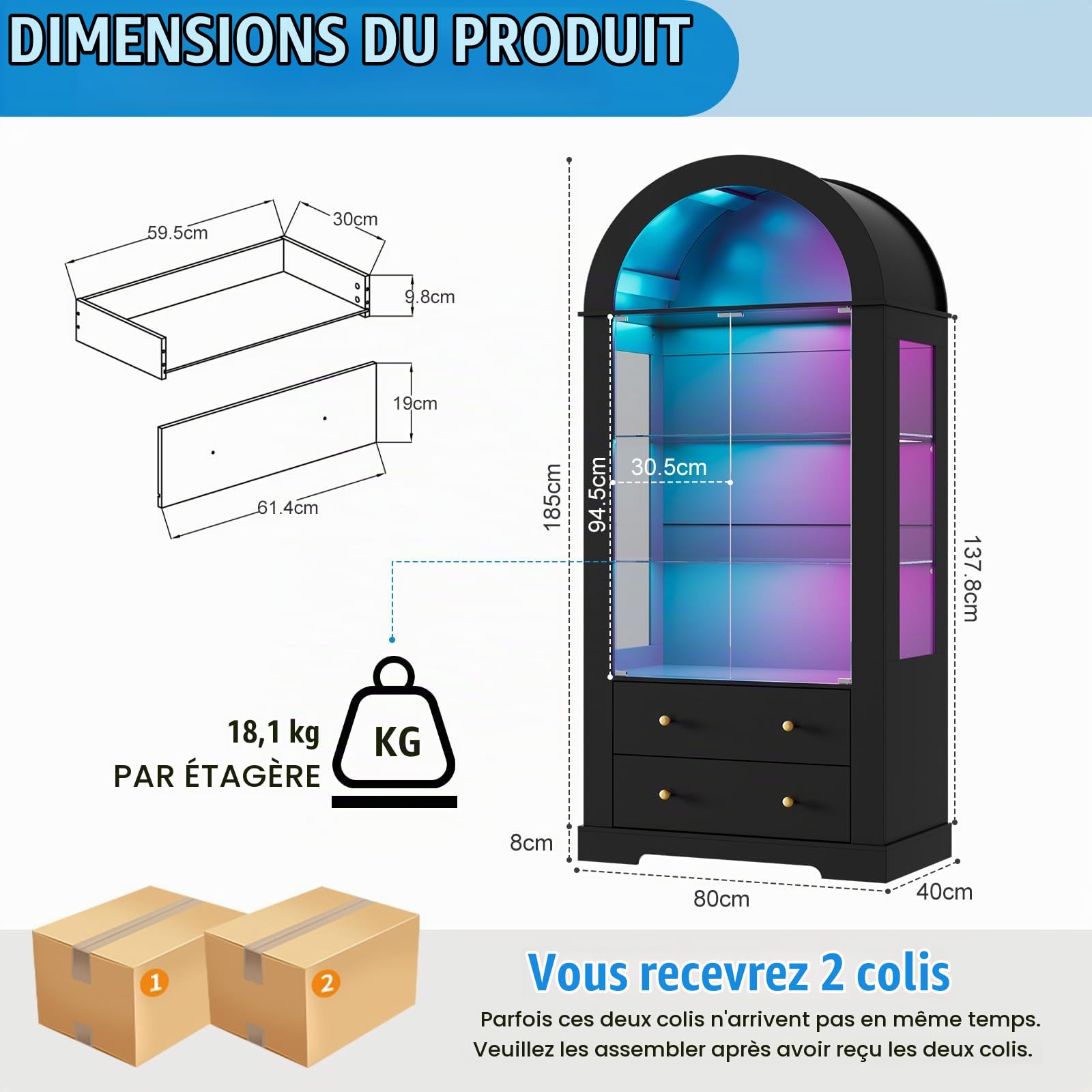 MSFE Vitrine en Verre avec LED,Armoire Vitrine Cintrée avec Éclairage Dynamique,2 Portes vitrées et 2 Tiroirs,Vitrine sur Pied pour Salon,Chambre,Figurines,Maquettes,Trophées,80x40x185cm