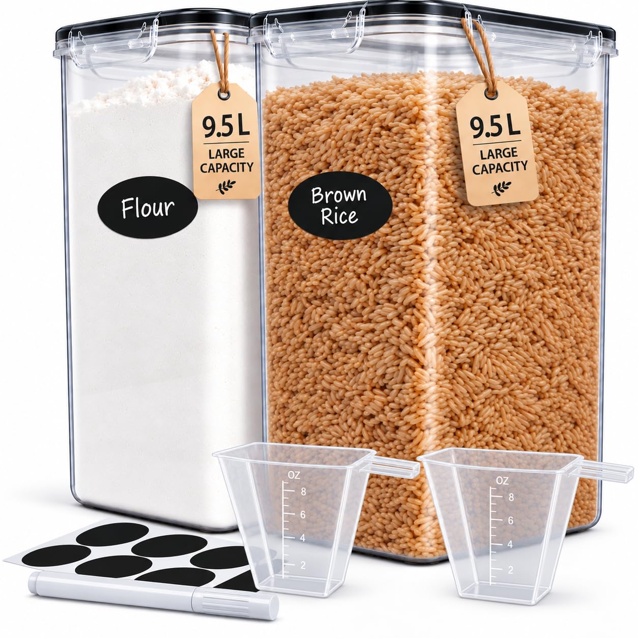 DWËLLZA KITCHEN Extra Large Flour and Sugar Storage Containers 9.5L Set of 2 Plastic Bulk Airtight Food Storage with Lids for Rice, Cereal, Pasta or Brown Sugar with Marker, Labels &amp; Measuring Cups