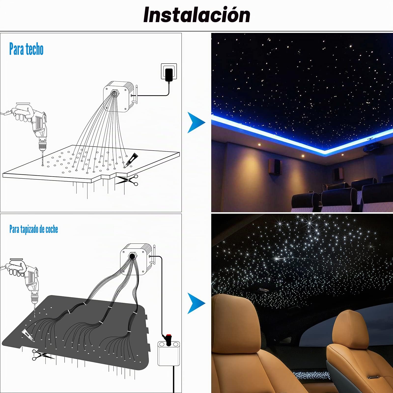 CHINLY Bluetooth 12W RGBW Twinkle LED Kit de Luces de Techo de Estrella de Fibra óptica APLICACIÓN/Control Remoto 400pcs * (0.5 + 0.75 + 1.0mm) para el hogar/el automóvil