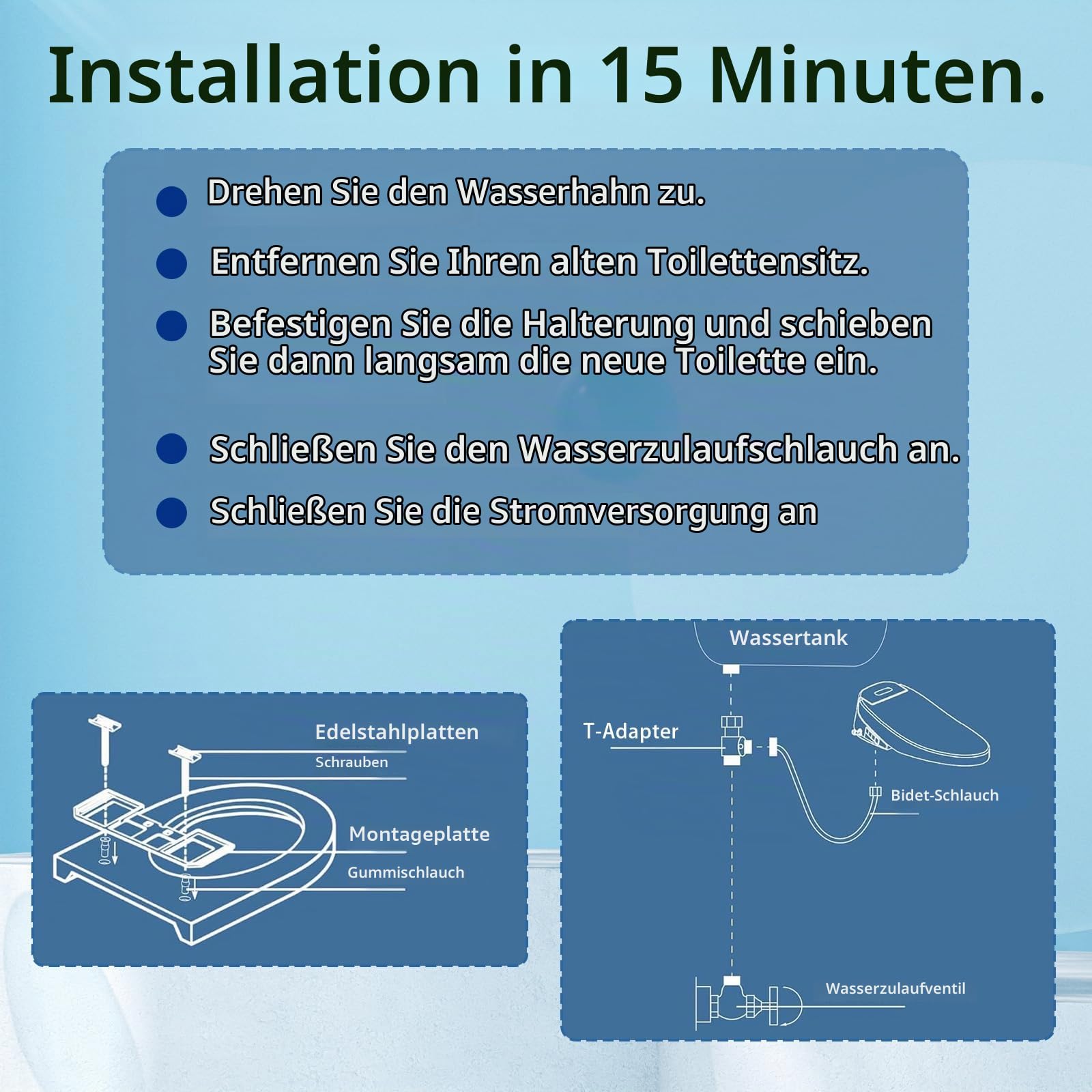 Smart Beheizter Toilettensitz mit Düse, Japanische WC Bidet mit Warmwasser & Trockner, UV-Desinfektion | 4 Reinigungsmodi, Einstellbarer Wasserdruck mit selbstreinigenden Düsen & Nachtlicht