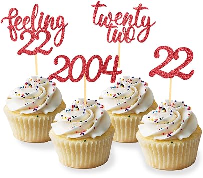 24pcs Feeling 22 Cupcake Toppers, Twenty Two Birthday Cake Decorations, Cheer to 22 Years Old Theme Party Decoration Supplies Red2