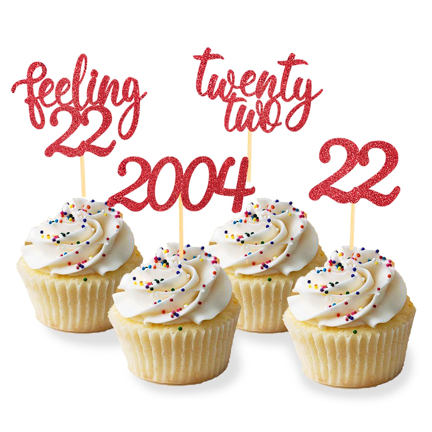 Photo 1 of 24pcs Feeling 22 Cupcake Toppers, Twenty Two Birthday Cake Decorations, Cheer to 22 Years Old Theme Party Decoration Supplies (Red2)