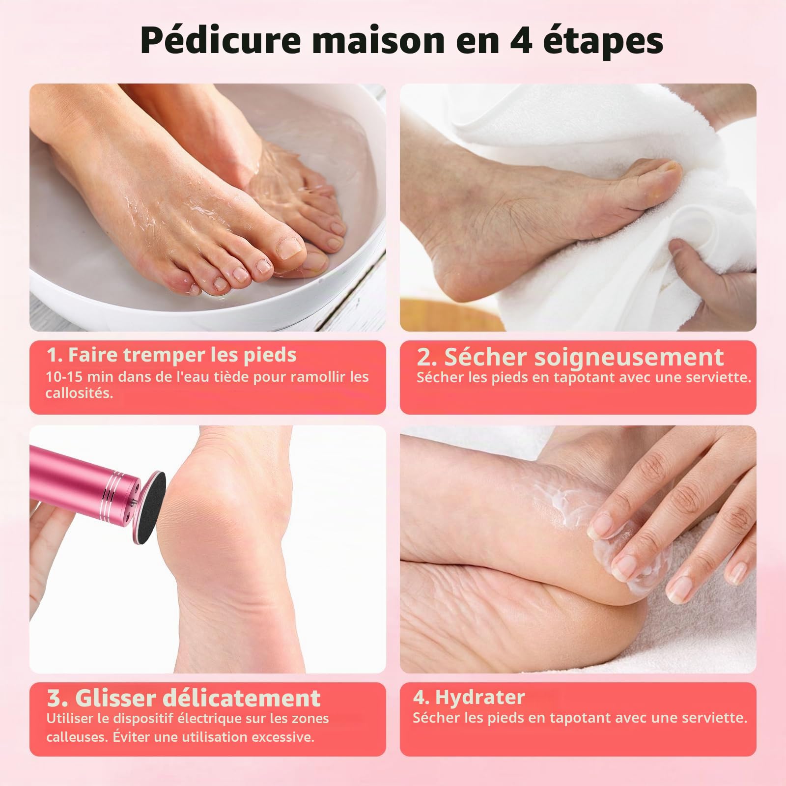 Râpe à pied électrique professionnelle – Ponceuse pour callosités et talons secs, appareil pédicure anti-peau morte, vitesse réglable, 120 disques abrasifs + brosse (Rose)