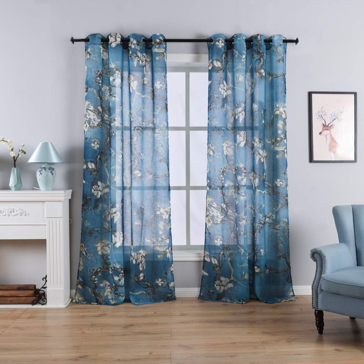Taisier Home Chinese Style Plum Blossom Sheer Curtain Artistic Print Curtains 95 Inches Long for Living Room,Personalized Pattern Curtains 2 Panels