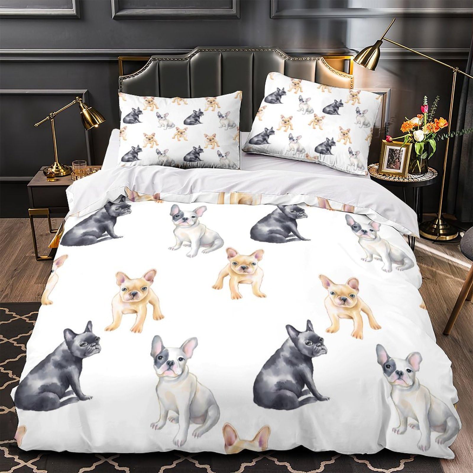 MMDASBVPE French Bulldog Puppies Duvet Cover 3D Print Breathable 3-Piece Bed Set Hidden Zipper Comforter Cover Luxury Wrinkle-Resistant for Teens Adults Kids Women Girls Boys Youth Single（140x200cm）