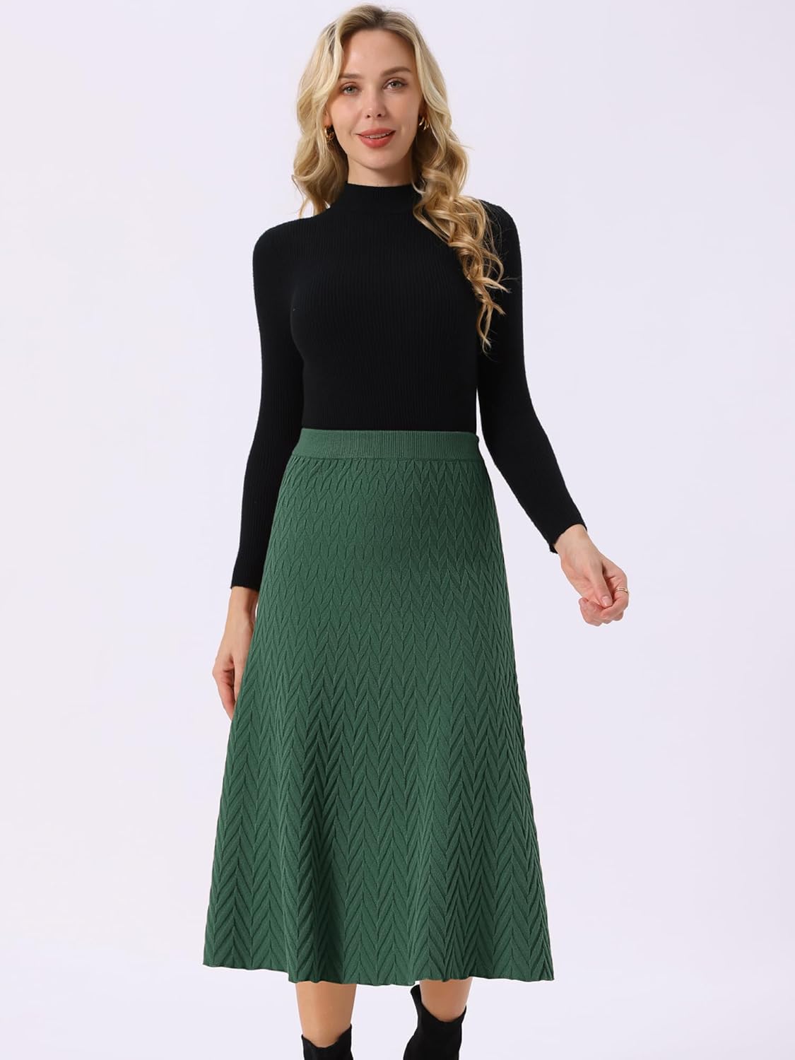 Seta T Women's Ribbed Knit A-Line Skirts Elastic High Waist Stretchy Sweater Midi Skirt - Image 3