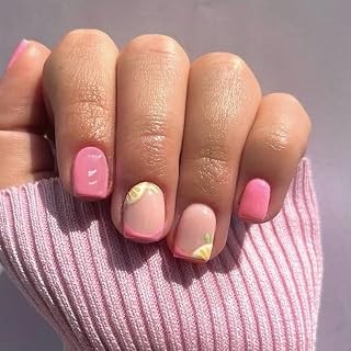 Press on Nails Short, Square Fake Nails Acrylic False Nails with Lemon Pomelo Designs French Girly Pink Full Cover Glue on Nails for Women 24 Pcs 12 Size