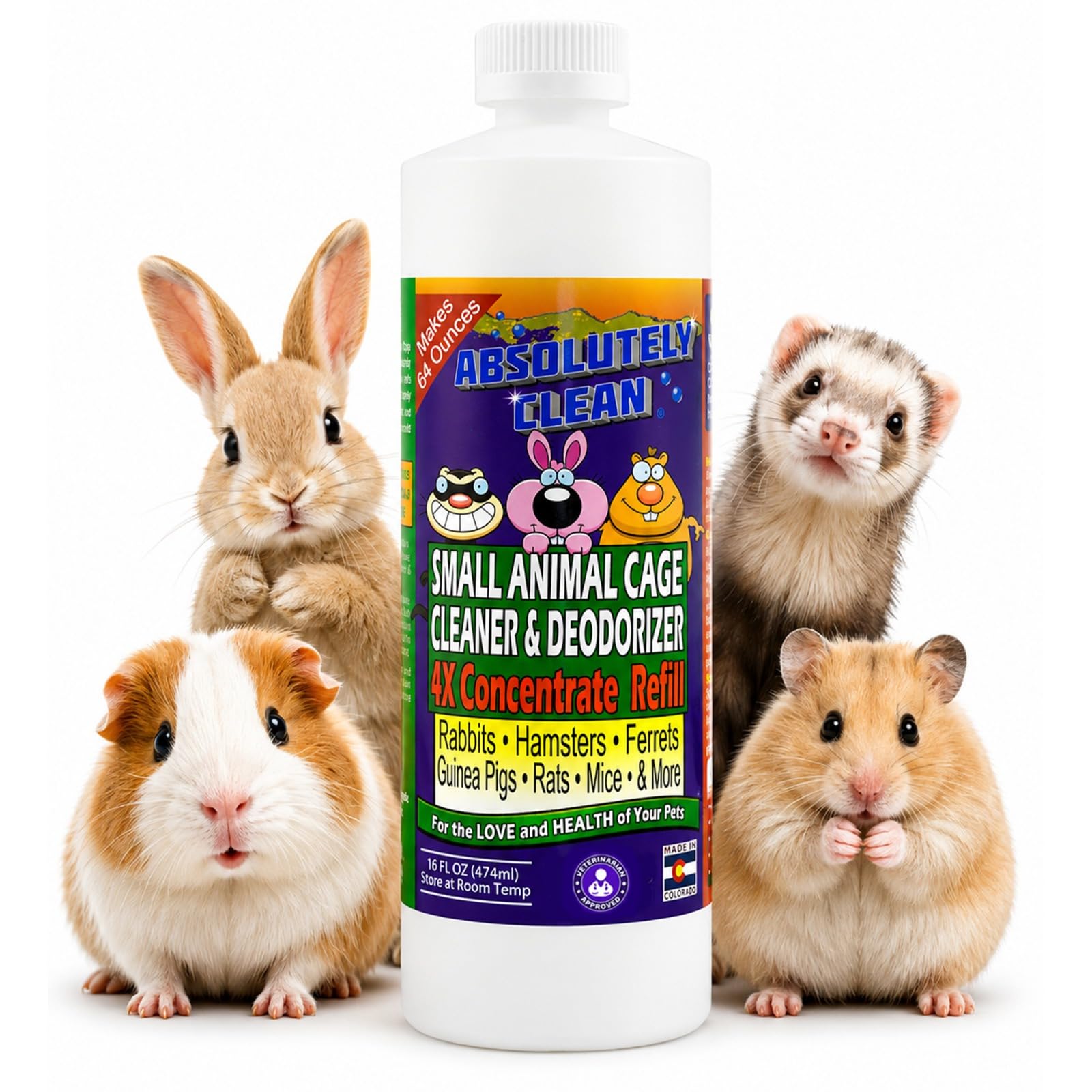 Absolutely Clean Amazing Small Animal Cage Cleaner - Just Spray/Wipe - Easily Removes Messes &amp; Odors - Hamsters, Mice, Rats, Guinea Pigs, Ferrets - USA Made (16 oz Concentrate)