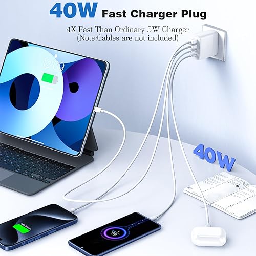 Miniatura 2 de Bloque de cargador USB C, 40 W, paquete de 2 unidades de 4 puertos PD USB C, adaptador de corriente+enchufe de carga de pared QC, bloques de carga