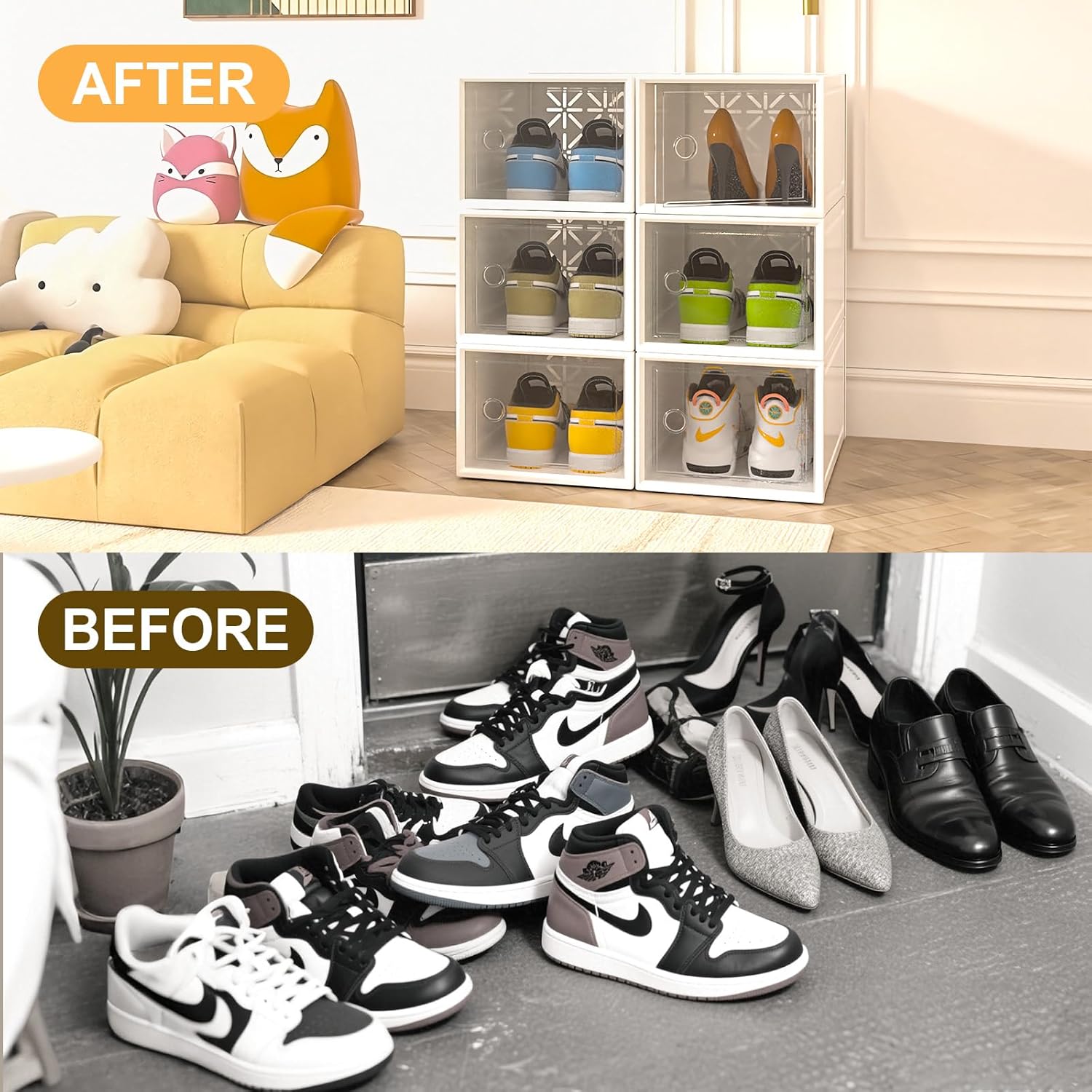 6 Pack X-Large Shoe Storage Boxes Organizer for Closet, Shoe Boxes Clear Plastic Stackable, Space Saving Foldable, Fit up to US Size 12 Shoes, Shoe Rack for Entryway, Closet, Under Bed, White