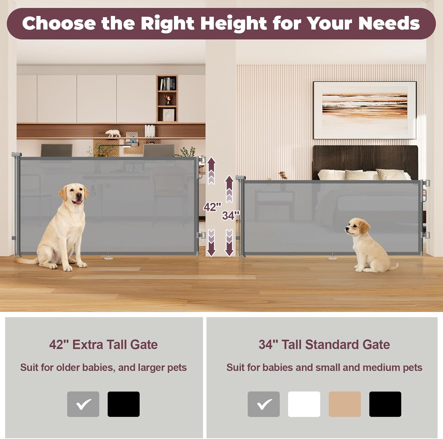 42" Extra Tall Retractable Baby Gates for Stairs, 76" Wide Dog Gate Indoor Outdoor for Doorways Deck Kitchen, Long Mesh Safety Gate for Child Toddler, Prevent Pet from Jumping Over, Grey Gray 42" Tall x 76" Wide