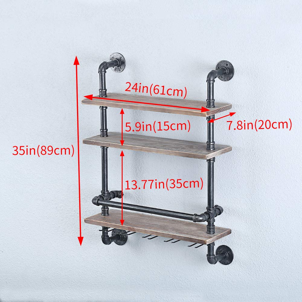 Industrial Pipe Shelf Wine Rack Wall Mounted with 5 Stem Glass Holder,24in Real Wood Shelves