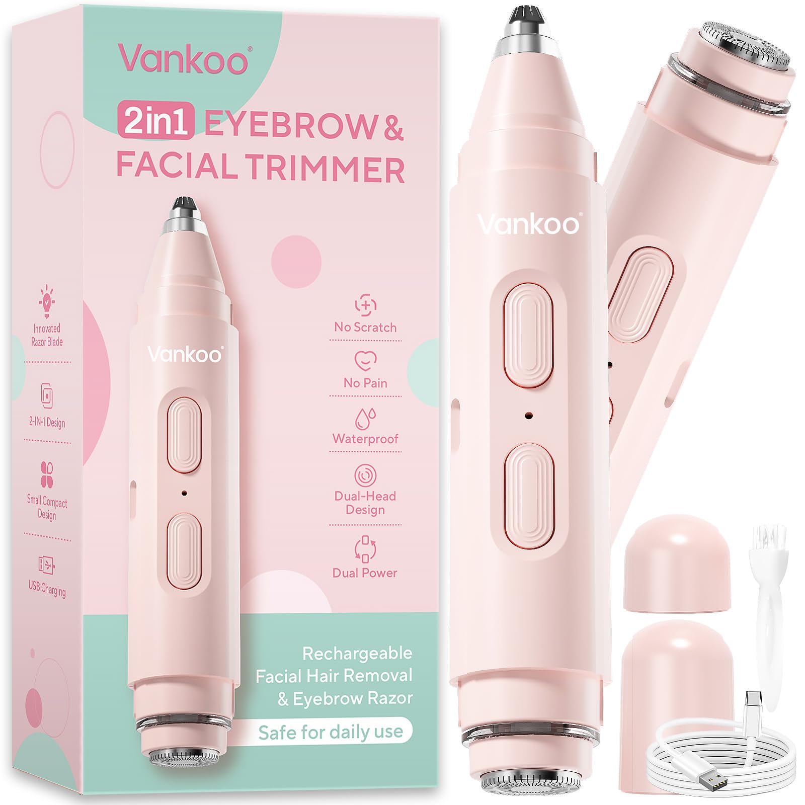 Facial Hair Remover &amp; Eyebrow Trimmer - 2 in 1 Eyebrow &amp; Face Shaver for Women - Rechargeable Face Razors for Women with Built-in LED Lights - Painless Hair Removal for Flawless Skin &amp; Makeup