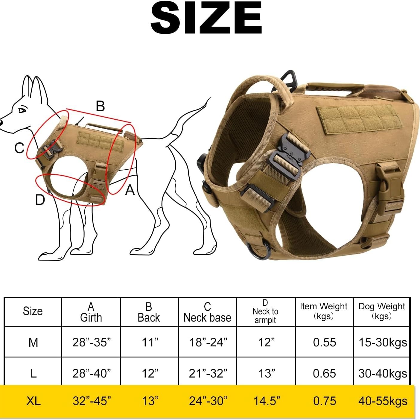 Arnés Táctico para Perros de Alta Resistencia, Antitirones para Perros Medianos y Grandes, Chaleco Ajustable con Asa Acolchada y Malla Transpirable para Entrenamiento, Caza y Paseo,Negro,M