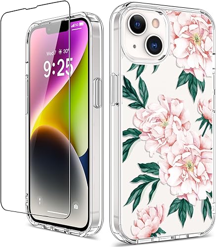 Miniatura 19 de GiiKa Funda rígida para iPhone 14 con protector de pantalla, 6.1 pulgadas, transparente, a prueba de golpes, diseño floral rosa, para niñas y Small