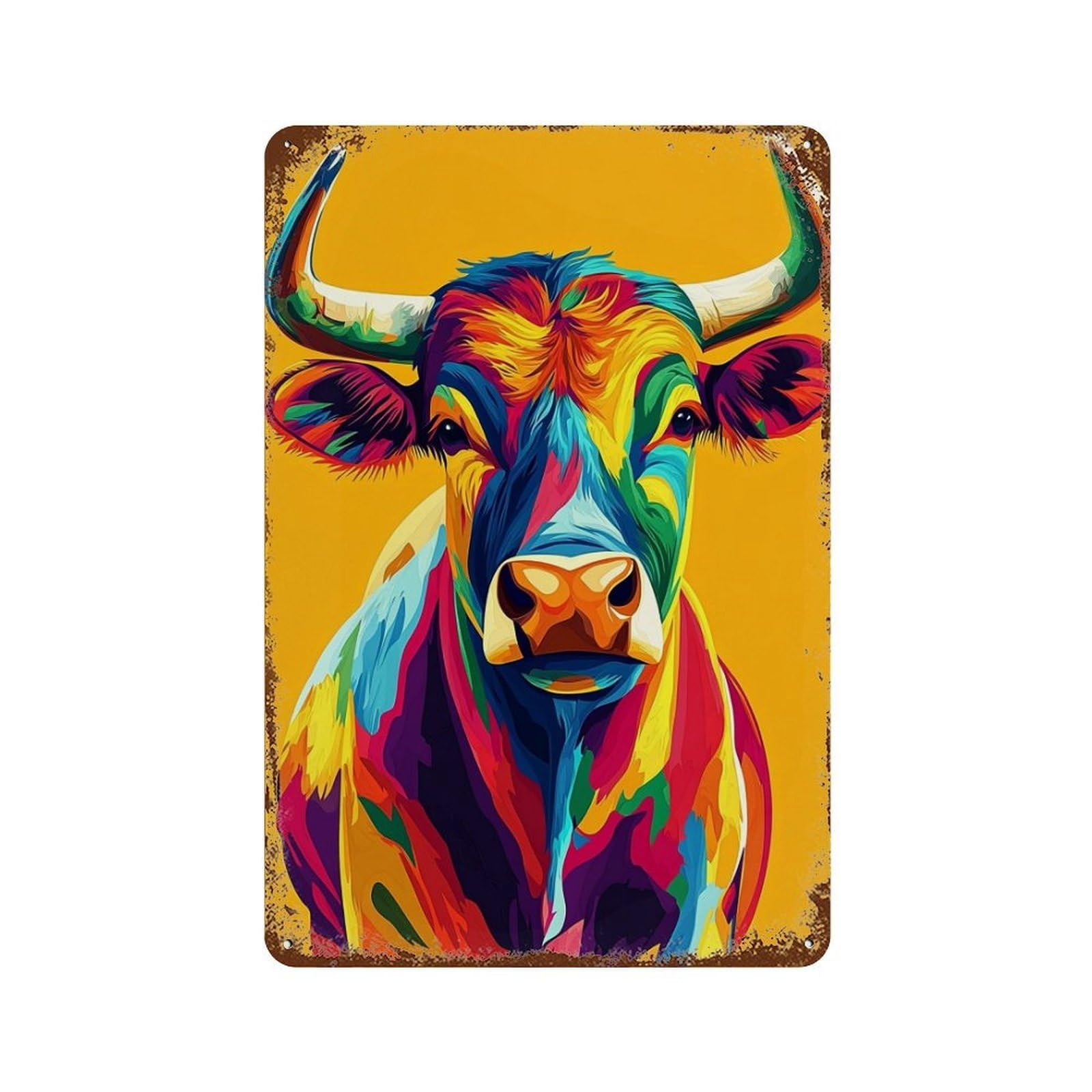 Colorful Bull Illustration Vintage Rust Metal Sign 11.8"x7.9", for Basement, Hobby Room And Garage Decor, Retro Wall Decor