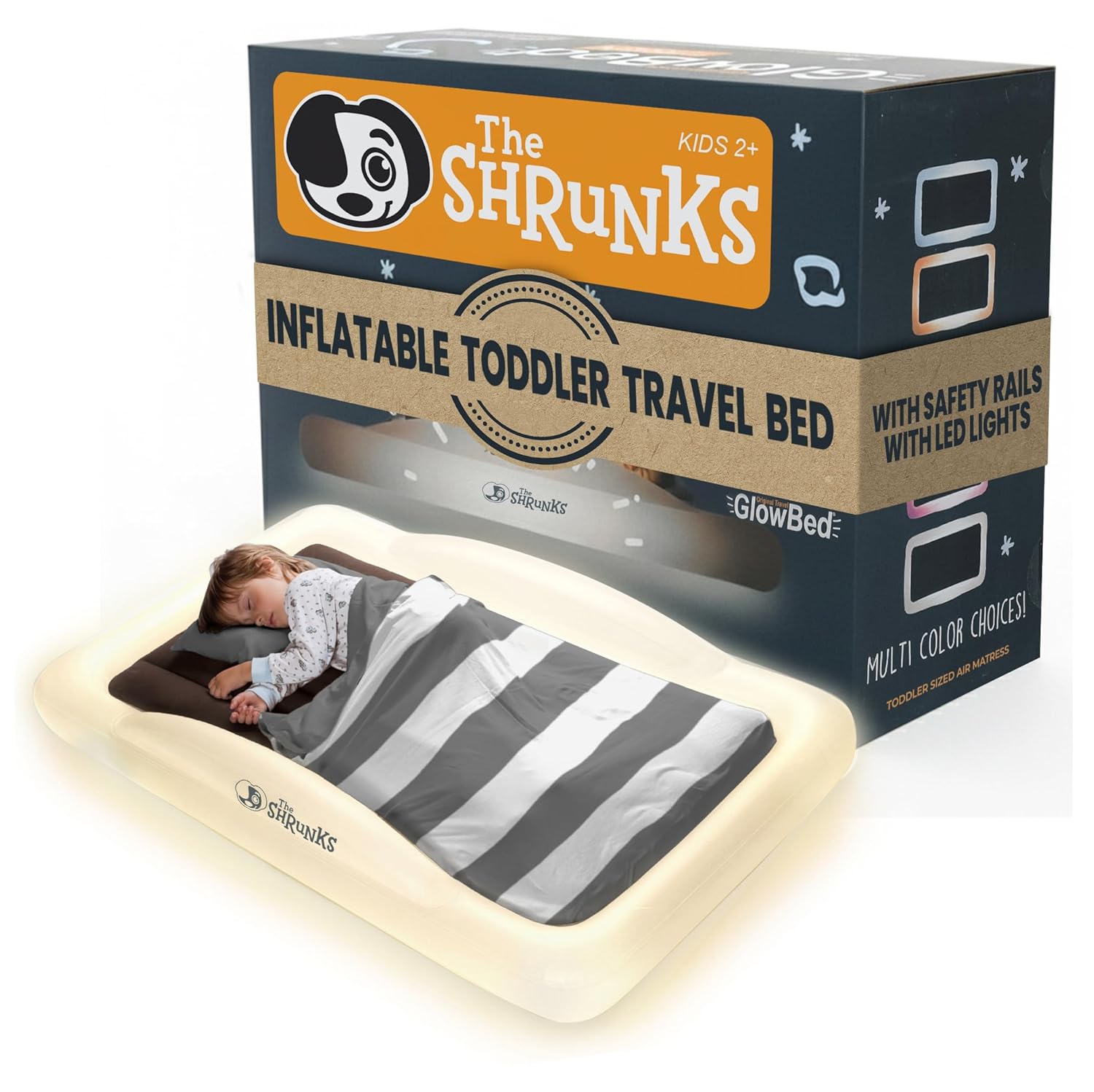 The Shrunks Inflatable Travel Bed with LED & Remote – Portable Kids Air Mattress for Travel, Camping & Sleepovers – Blow Up Bed with Glowing Halo Designed for Balance – Toddler Size