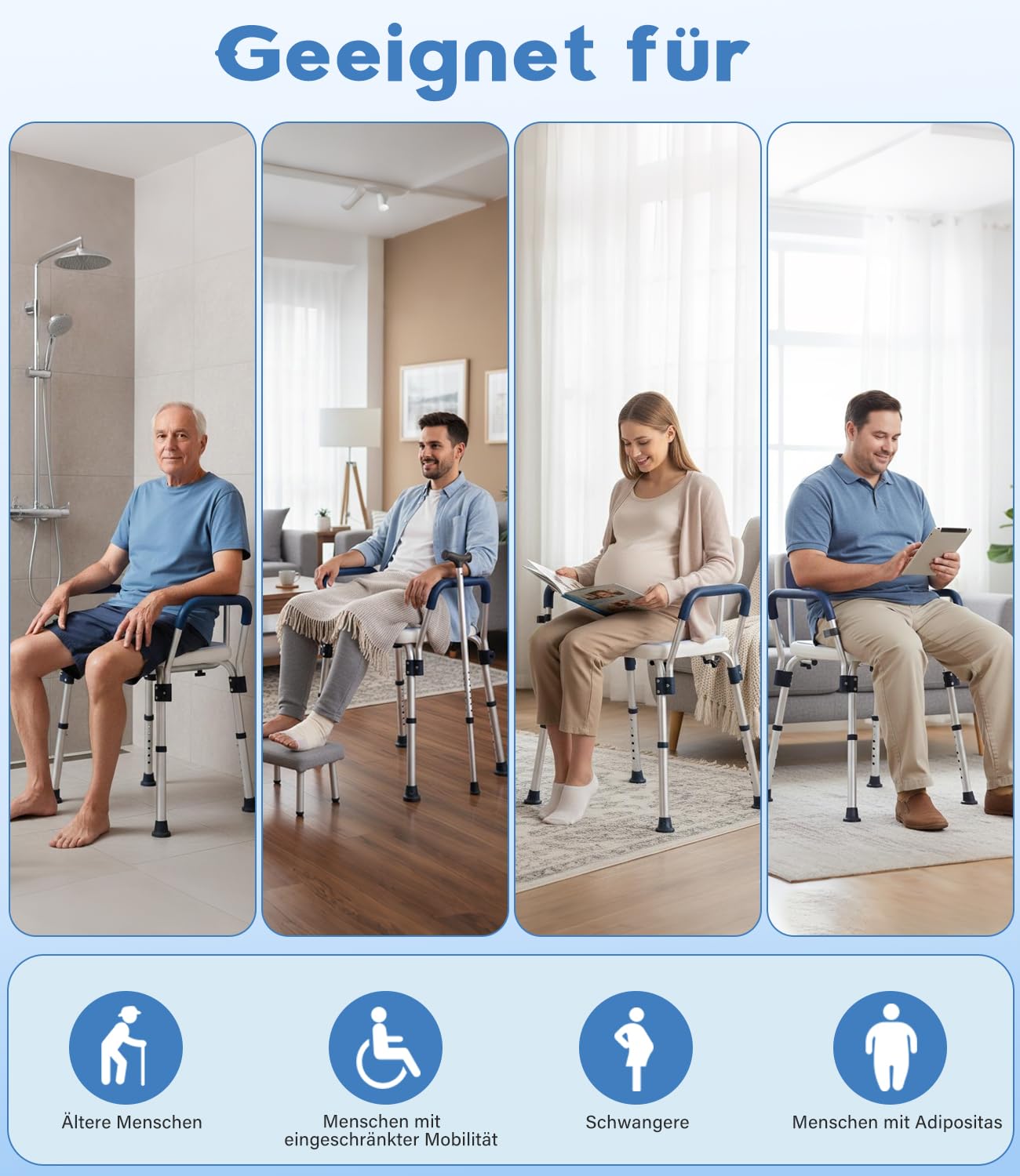 Silla de baño para personas mayores con respaldo extraíble, con capacidad de carga de 160 kg, 6 niveles de ajuste de altura (68 – 81 cm) | Silla de ducha con pies antideslizantes