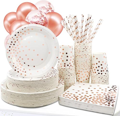310 piezas de papel de oro rosa para fiestas juego de vajilla desechables con puntos de oro rosa 50 platos de cena 50 platos de postre 50 tazas 50