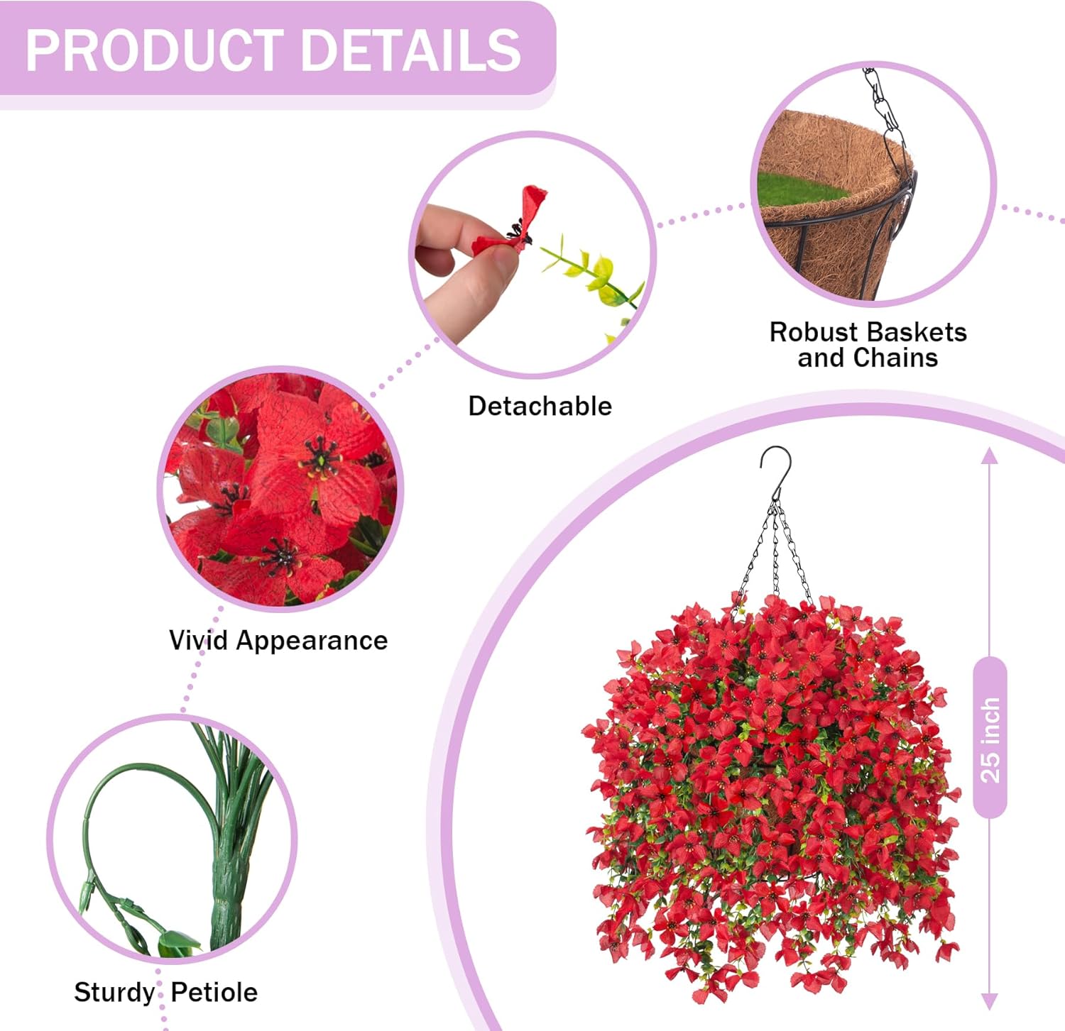 INXUGAO Artificial Hanging Flowers Plants with Basket for Outdoors, Realistic Faux Silk Daisy Flower Eucalyptus for Spring Decor, UV Resistant Fake Plants for Porch Patio Yard Balcony, Red