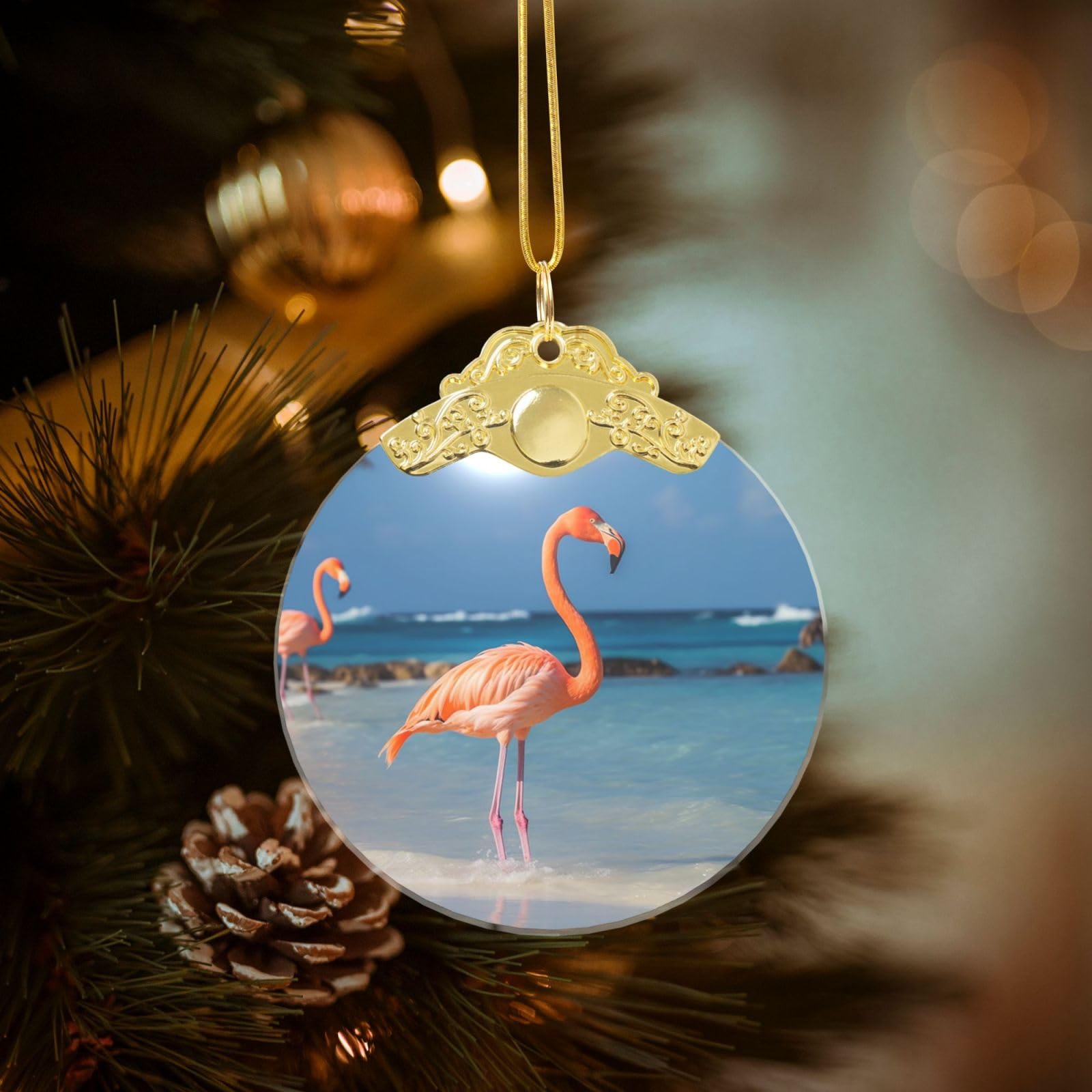 Crystal Christmas Ornaments for Christmas Tree Decoration Hanging Beach Flamingo Ornament with Gold Ribbon Crafts Round Pendant for Keepsake Gifts Glass Xmas Decor Party Supplies