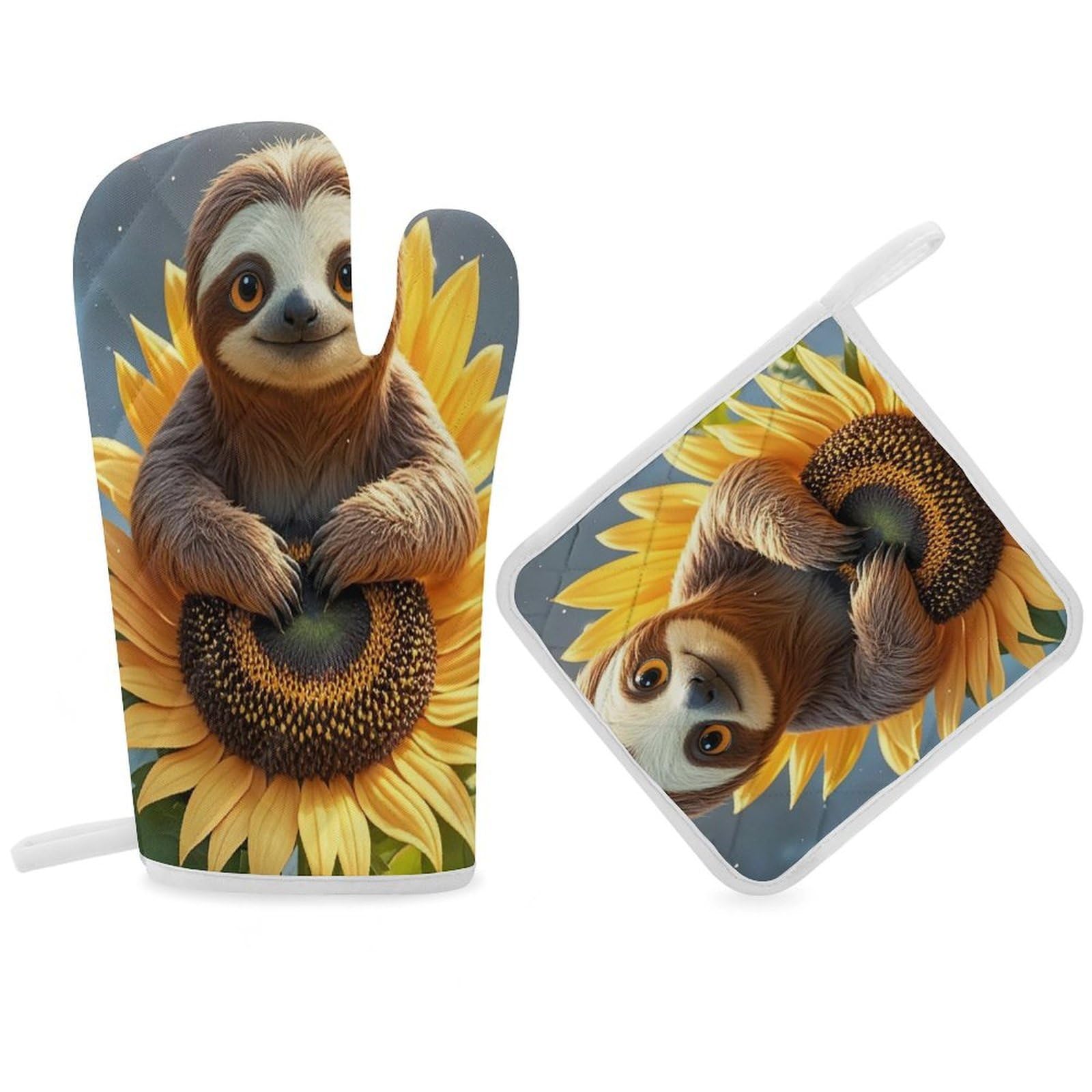 Cartoon Sloth Sitting on Sunflower Oven Mitt Gloves and Heat Insulation Pads Double-Layer Thickened Heat Insulation Mitt Temperature Oven Gloves for Cooking Baking Grilling