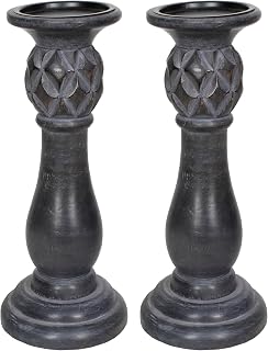 Candle Holder Pillar Set of 2 Pieces Mango Wood 12 Inch Height x 5 Inch Candlesticks Holder Charcoal - Distressed Black