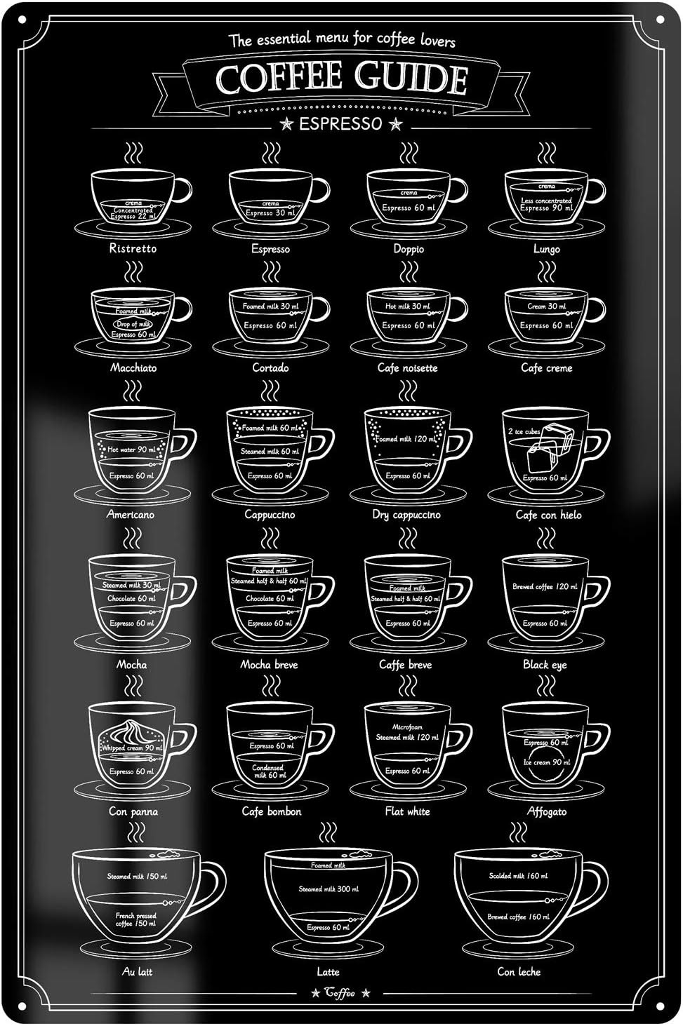 WEROUTE Large Metal Espresso Menu Tin Sign Retro Coffee Lovers Guide Bar Pub Poster Rustic Painting for Home Restaurant Kitchen Cafe Diner Coffee Shop 16.5" X12"๏ผA3 Size๏ผ
