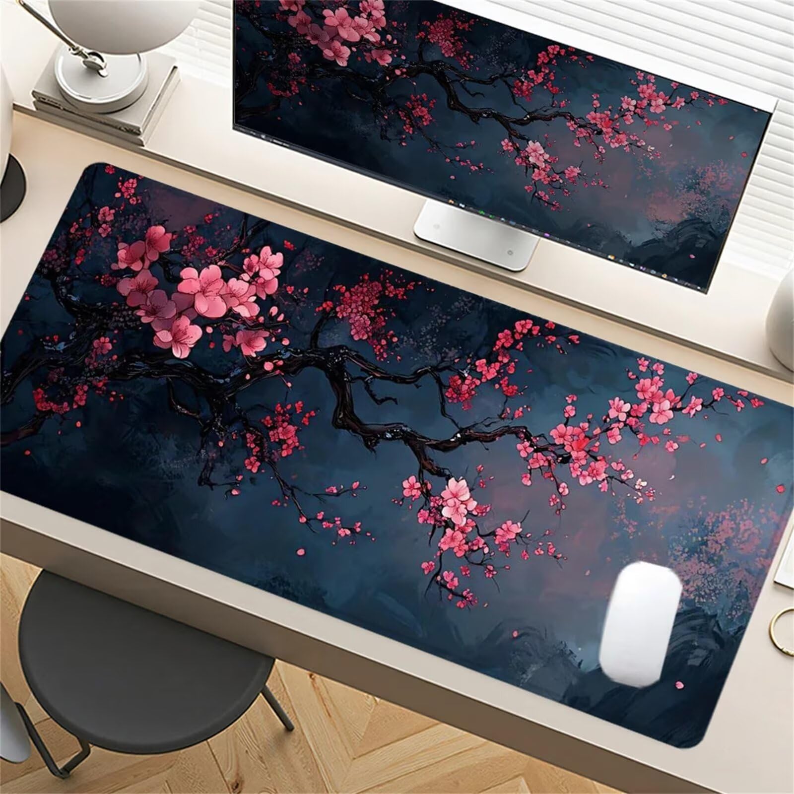 Grand Tapis de Souris XXL Fleurs D’Arbres 900 x 400 x 3mm, Tapis de Bureau Gamer avec Bords Cousus et Base Antidérapante pour Haute Précision et Vitesse