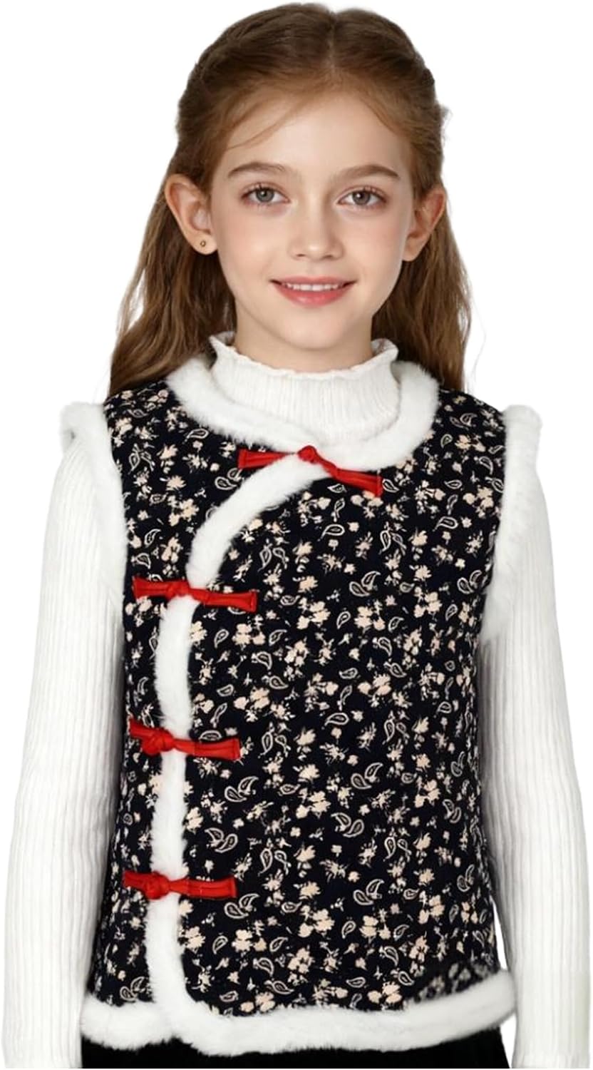 Kids Sleeveless Jacket Floral Print Thick Fleece Vest with Knot Button Down Design Winter Coat